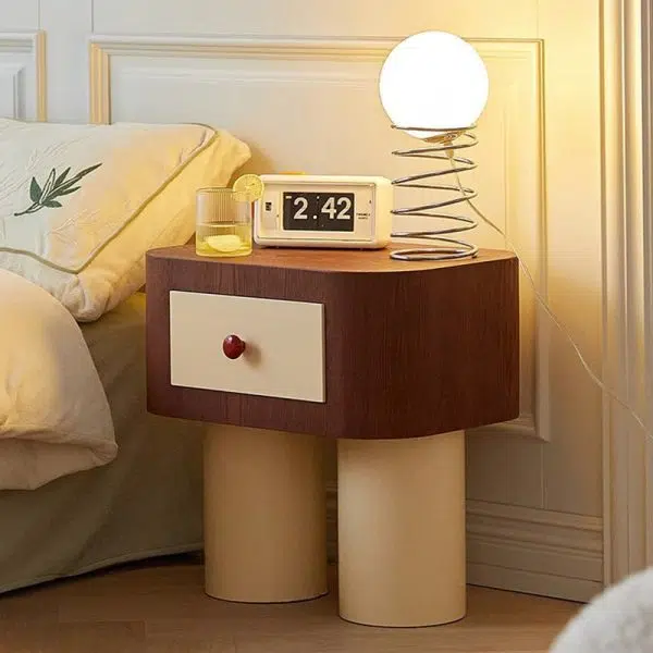 Contemporary Creative Rectangular Round Corner Cylinder Base Solid Wood Density Plank Nightstand For Bedroom - Image 17