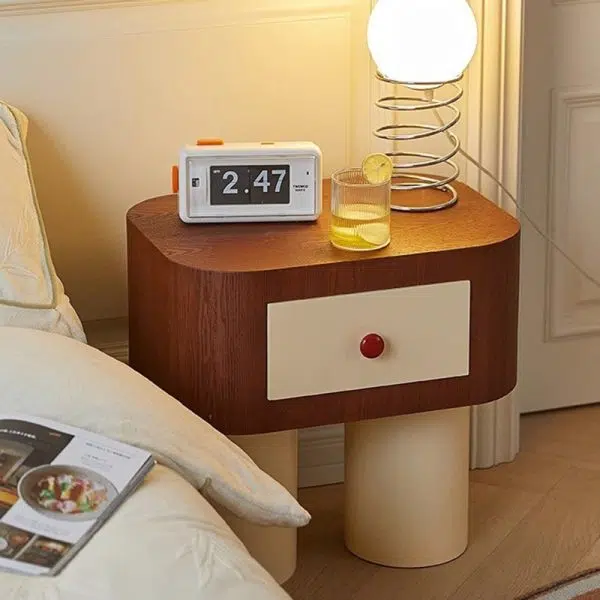 Contemporary Creative Rectangular Round Corner Cylinder Base Solid Wood Density Plank Nightstand For Bedroom - Image 18