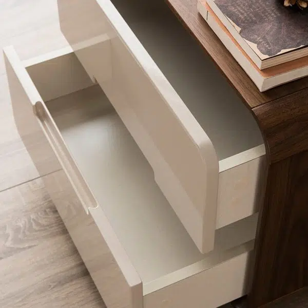 Contemporary Nordic Rectangular Rounded Corner Wood Grain Wood Density Panel Nightstand 2-Drawer For Bedroom - Image 10