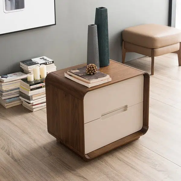 Contemporary Nordic Rectangular Rounded Corner Wood Grain Wood Density Panel Nightstand 2-Drawer For Bedroom - Image 3