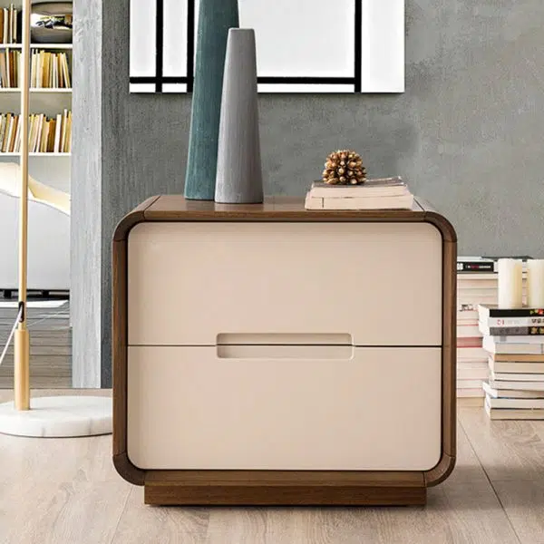 Contemporary Nordic Rectangular Rounded Corner Wood Grain Wood Density Panel Nightstand 2-Drawer For Bedroom - Image 2