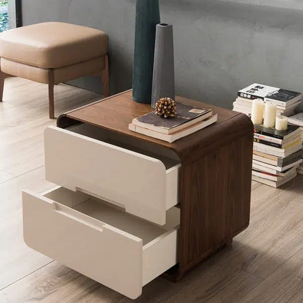 Contemporary Nordic Rectangular Rounded Corner Wood Grain Wood Density Panel Nightstand 2-Drawer For Bedroom - Image 6