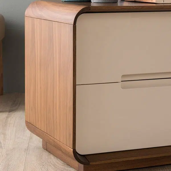 Contemporary Nordic Rectangular Rounded Corner Wood Grain Wood Density Panel Nightstand 2-Drawer For Bedroom - Image 8