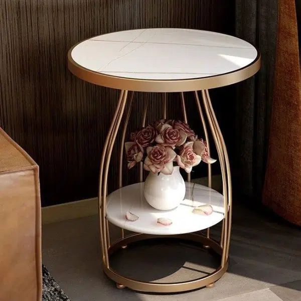 Contemporary Luxury Round Rock Slab Iron End Table 2-Tier For Living Room - Image 9