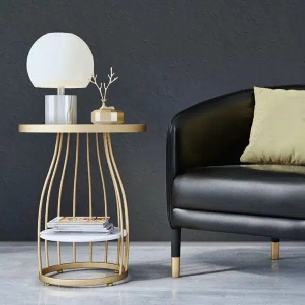 Contemporary Luxury Round Rock Slab Iron End Table 2-Tier For Living Room - Image 10