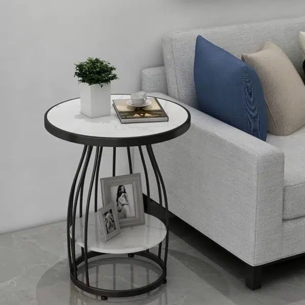 Contemporary Luxury Round Rock Slab Iron End Table 2-Tier For Living Room - Image 11