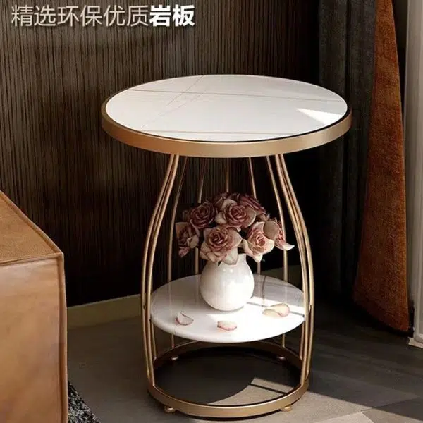 Contemporary Luxury Round Rock Slab Iron End Table 2-Tier For Living Room - Image 12