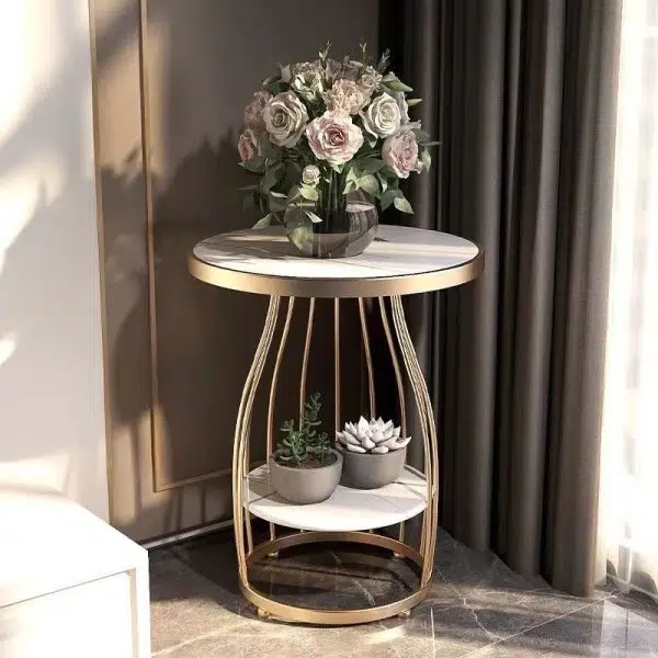 Contemporary Luxury Round Rock Slab Iron End Table 2-Tier For Living Room - Image 14