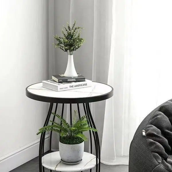 Contemporary Luxury Round Rock Slab Iron End Table 2-Tier For Living Room - Image 2