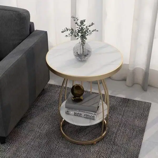 Contemporary Luxury Round Rock Slab Iron End Table 2-Tier For Living Room - Image 3