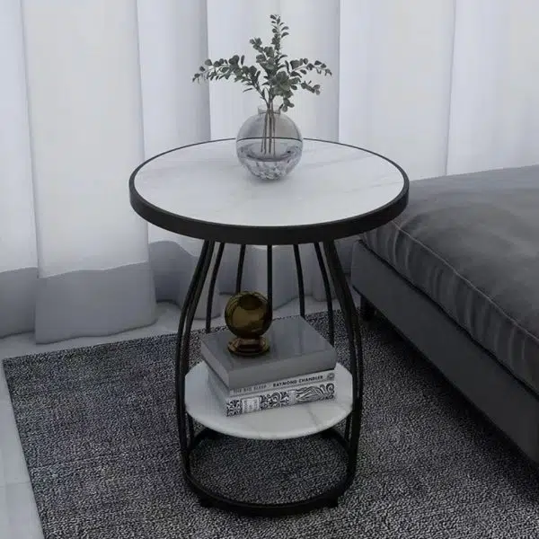 Contemporary Luxury Round Rock Slab Iron End Table 2-Tier For Living Room - Image 5