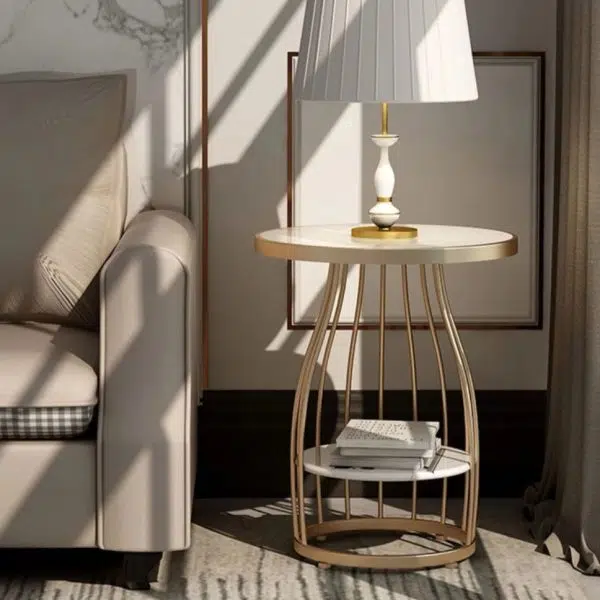 Contemporary Luxury Round Rock Slab Iron End Table 2-Tier For Living Room - Image 6