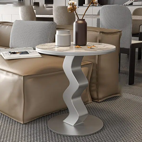 Contemporary Luxury Round Rock Slab Steel End Table 1-Tier For Living Room - Image 2