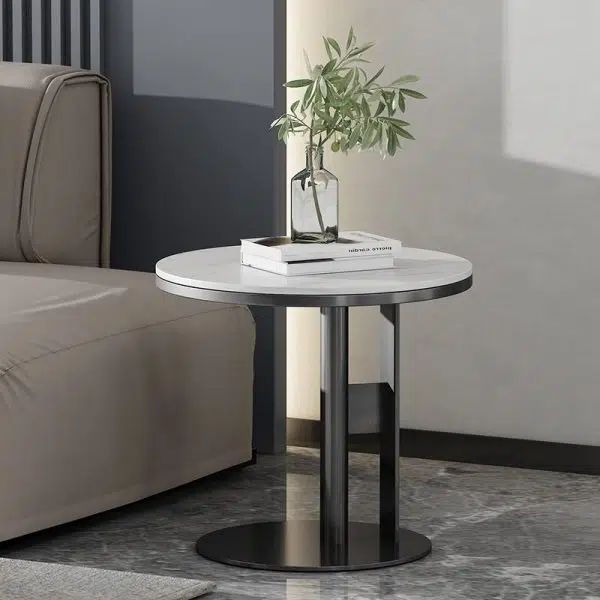 Contemporary Luxury Round Iron Rock Slab Coffee Table 1-Tier For Living Room - Image 8