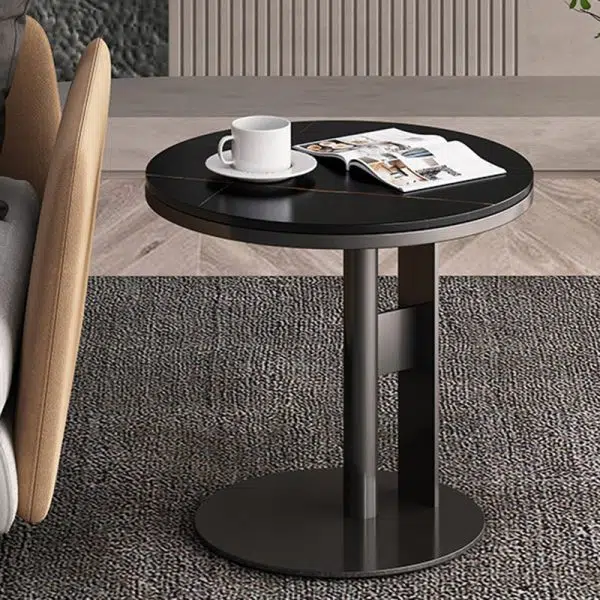 Contemporary Luxury Round Iron Rock Slab Coffee Table 1-Tier For Living Room - Image 3