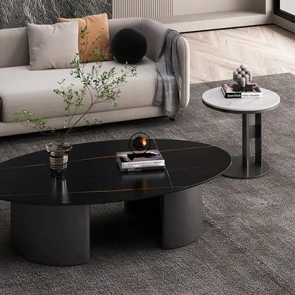 Contemporary Luxury Round Iron Rock Slab Coffee Table 1-Tier For Living Room - Image 9