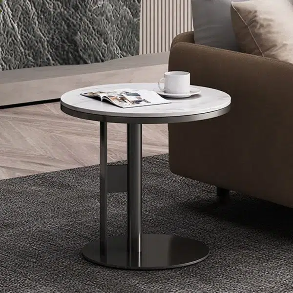 Contemporary Luxury Round Iron Rock Slab Coffee Table 1-Tier For Living Room - Image 2