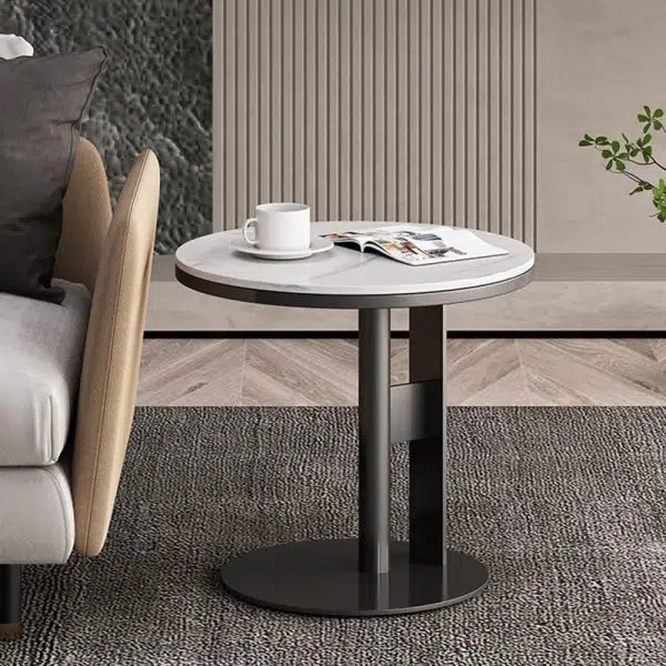 Contemporary Luxury Round Iron Rock Slab Coffee Table 1-Tier For Living Room - Image 10