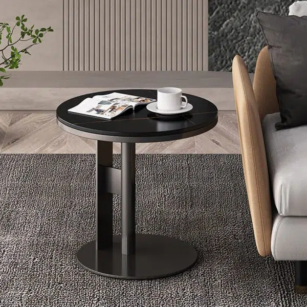 Contemporary Luxury Round Iron Rock Slab Coffee Table 1-Tier For Living Room - Image 11