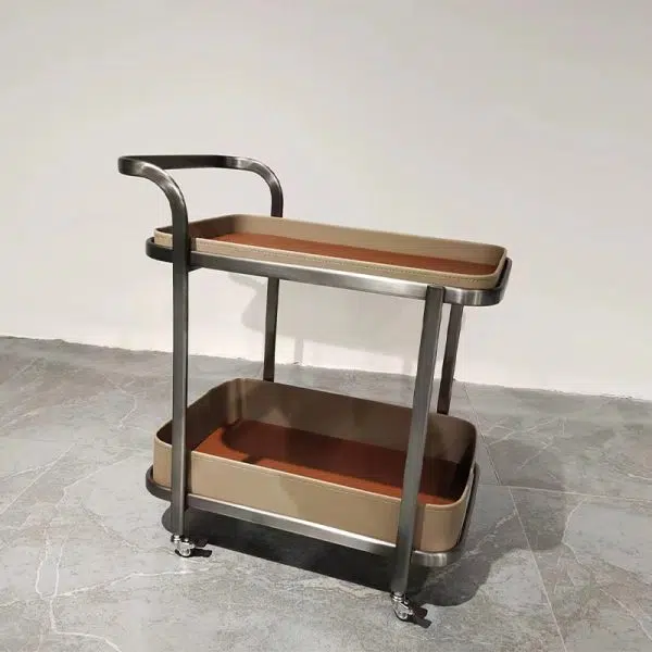 Contemporary Luxury Movable Rectangular Top Saddle Leather Stainless Steel End Table 2-Tier For Living Room - Image 14