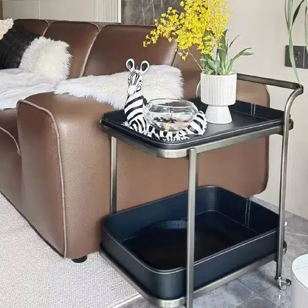 Contemporary Luxury Movable Rectangular Top Saddle Leather Stainless Steel End Table 2-Tier For Living Room - Image 3