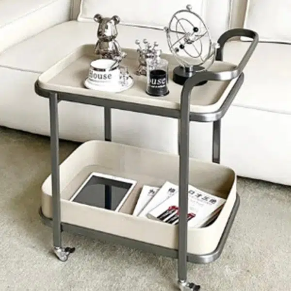 Contemporary Luxury Movable Rectangular Top Saddle Leather Stainless Steel End Table 2-Tier For Living Room - Image 2