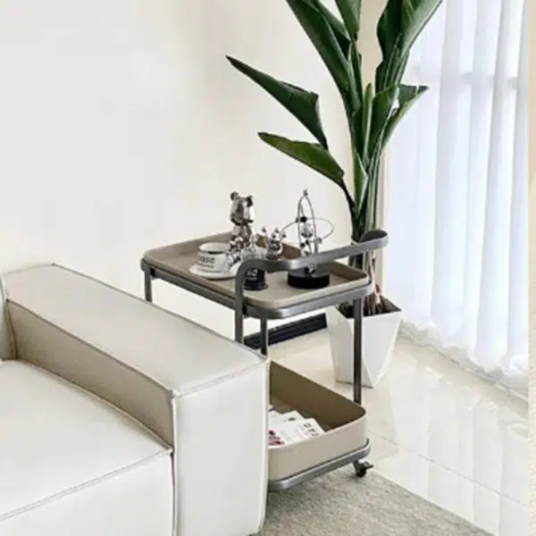 Contemporary Luxury Movable Rectangular Top Saddle Leather Stainless Steel End Table 2-Tier For Living Room - Image 10