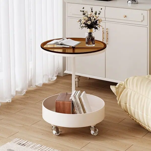 Contemporary Luxury Movable Round Top Tempered Glass Iron End Table 2-Tier For Living Room - Image 2