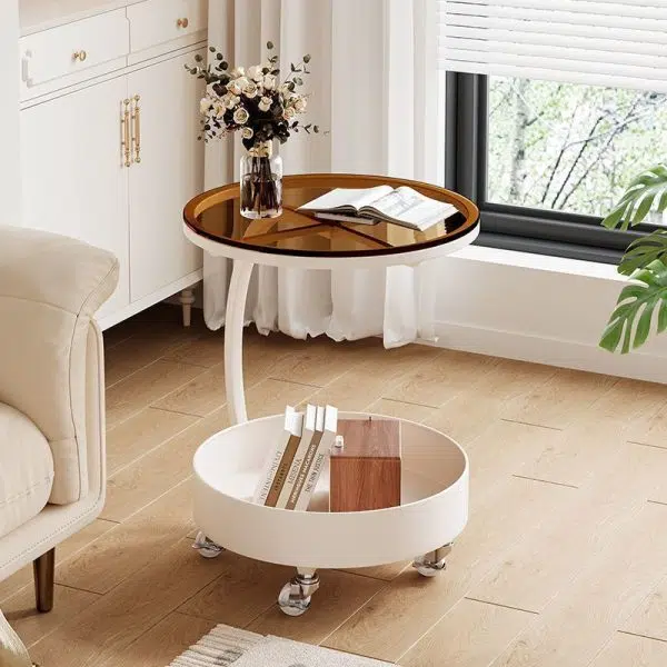 Contemporary Luxury Movable Round Top Tempered Glass Iron End Table 2-Tier For Living Room - Image 3