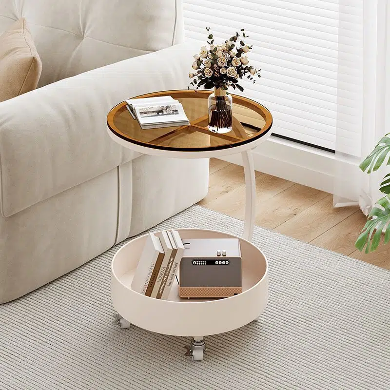 DFM-Table-FI00064-17.jpg Contemporary Luxury Movable Round Top Tempered Glass Iron End Table 2-Tier For Living Room - Image 1