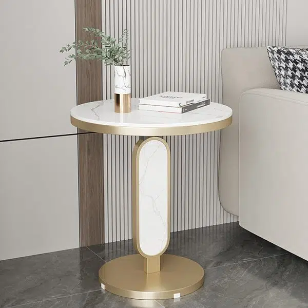 Contemporary Luxury Round Rock Slab Top Carbon Steel Coffee Table For Living Room - Image 13