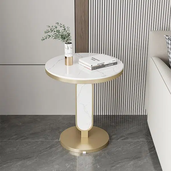 Contemporary Luxury Round Rock Slab Top Carbon Steel Coffee Table For Living Room - Image 14