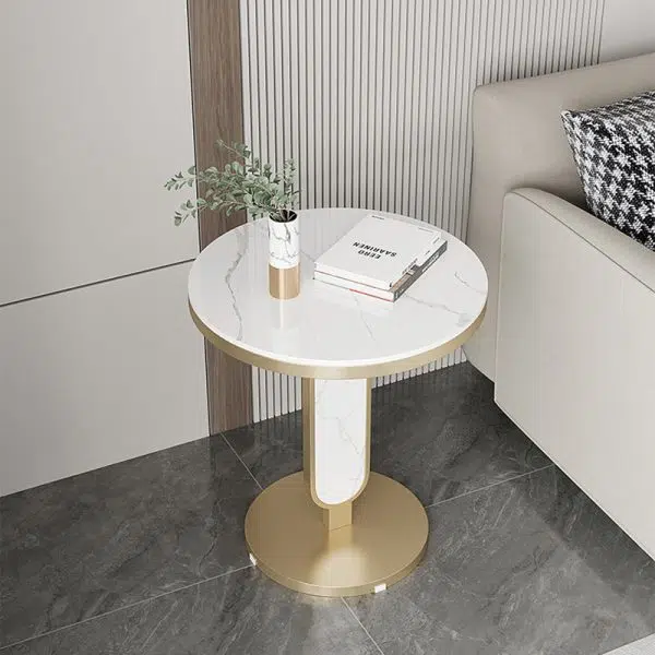 Contemporary Luxury Round Rock Slab Top Carbon Steel Coffee Table For Living Room - Image 15