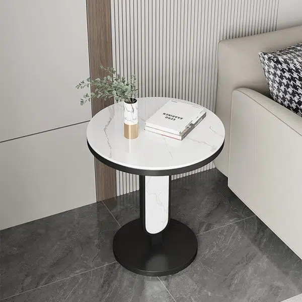 Contemporary Luxury Round Rock Slab Top Carbon Steel Coffee Table For Living Room - Image 12
