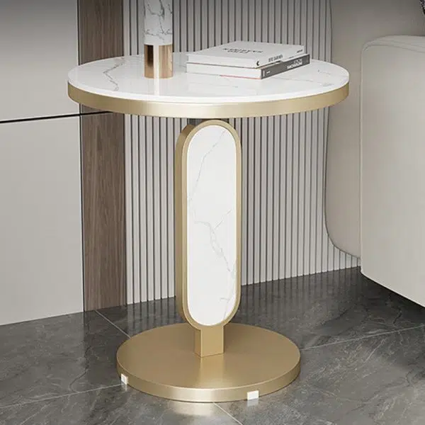 Contemporary Luxury Round Rock Slab Top Carbon Steel Coffee Table For Living Room - Image 11