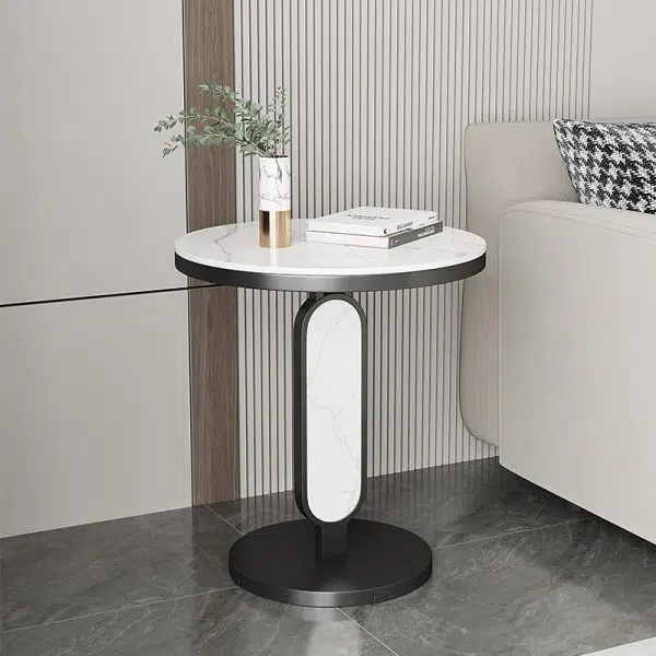 Contemporary Luxury Round Rock Slab Top Carbon Steel Coffee Table For Living Room - Image 2