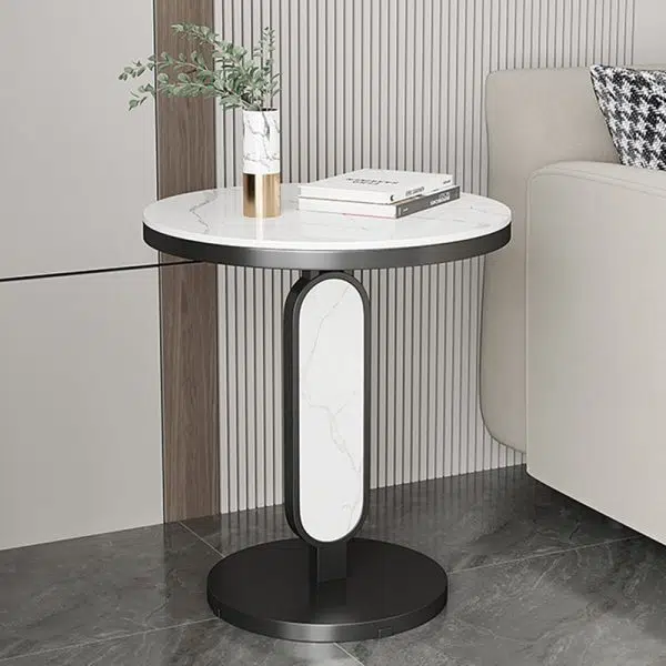 Contemporary Luxury Round Rock Slab Top Carbon Steel Coffee Table For Living Room - Image 3