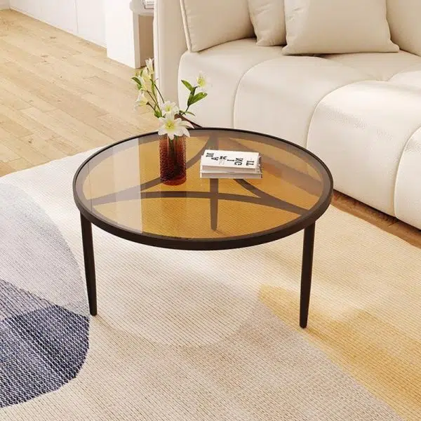 Contemporary Luxury Tempered Glass Iron Wood Coffee Table 1-Tier For Living Room - Image 3