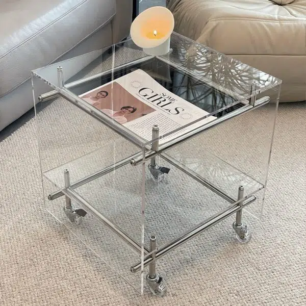 Contemporary Luxury Movable Square Acrylic Stainless Steel End Table 2-Tier For Living Room - Image 14
