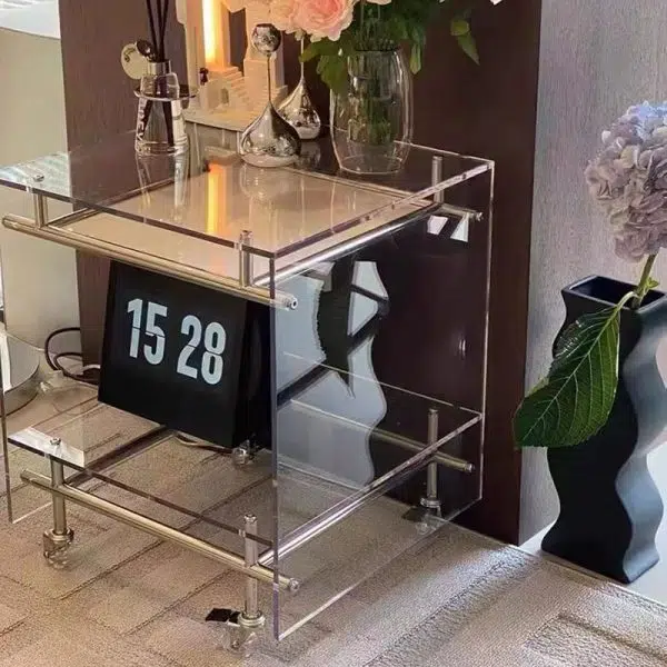 Contemporary Luxury Movable Square Acrylic Stainless Steel End Table 2-Tier For Living Room - Image 15