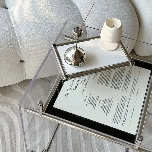 Contemporary Luxury Movable Square Acrylic Stainless Steel End Table 2-Tier For Living Room - Image 5