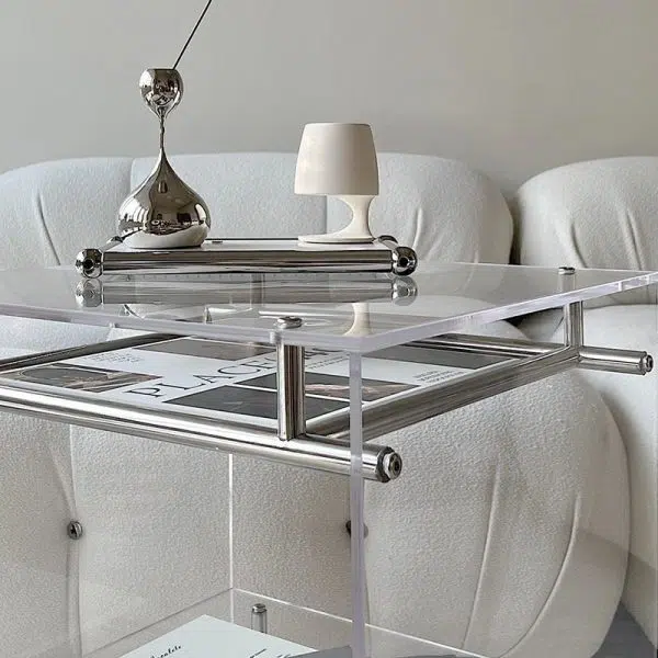 Contemporary Luxury Movable Square Acrylic Stainless Steel End Table 2-Tier For Living Room - Image 6