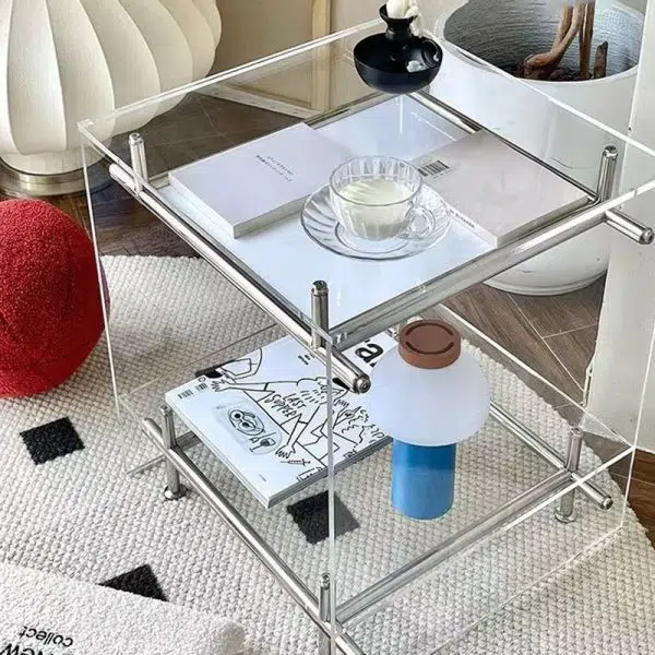 Contemporary Luxury Movable Square Acrylic Stainless Steel End Table 2-Tier For Living Room - Image 8