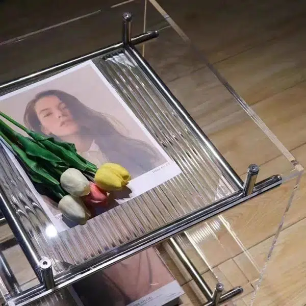 Contemporary Luxury Movable Square Acrylic Stainless Steel End Table 2-Tier For Living Room - Image 7