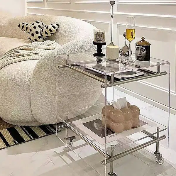 Contemporary Luxury Movable Square Acrylic Stainless Steel End Table 2-Tier For Living Room - Image 2