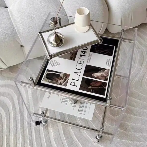 Contemporary Luxury Movable Square Acrylic Stainless Steel End Table 2-Tier For Living Room - Image 12