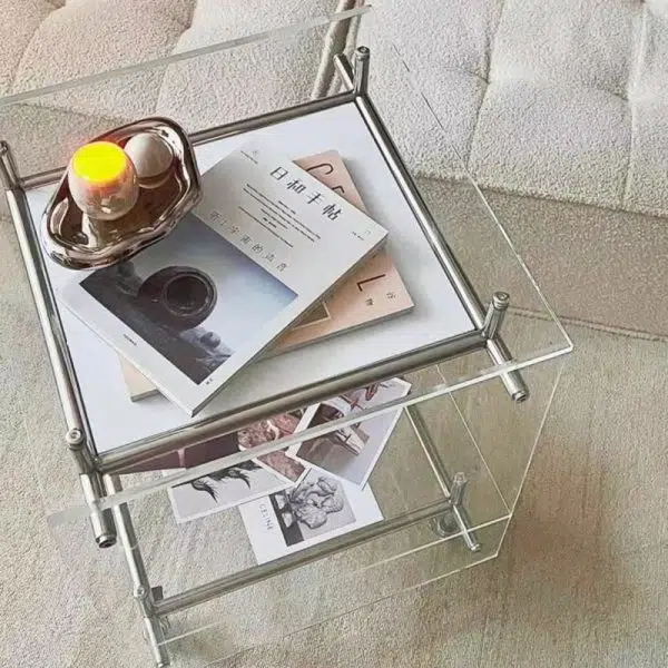Contemporary Luxury Movable Square Acrylic Stainless Steel End Table 2-Tier For Living Room - Image 13