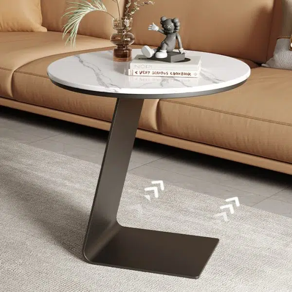 Contemporary Creative Round L-Shaped Rectangular Marble Steel Side Table 1-Tier For Living Room - Image 12