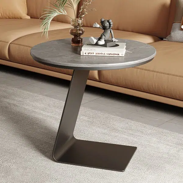 Contemporary Creative Round L-Shaped Rectangular Marble Steel Side Table 1-Tier For Living Room - Image 2