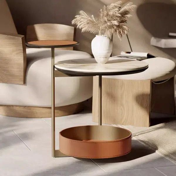 Contemporary Creative Round Cylinder Leather Marble Metal Side Table 2-Tier For Living Room - Image 7